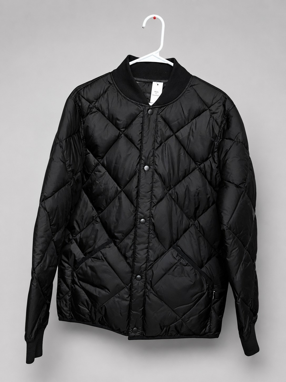 Calvin Klein Reversible Quilted Bomber Jacket in Black and Gray Camo - Picture 2 of 8